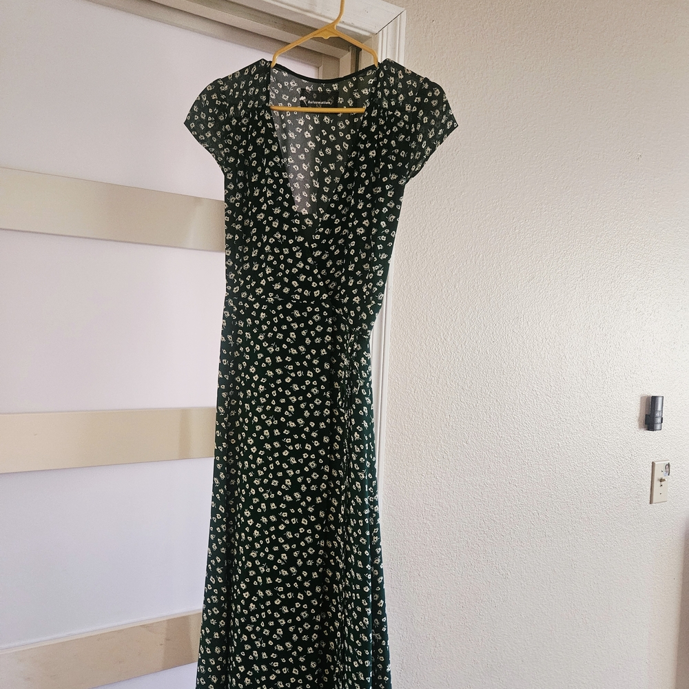Reformation Green and White Wrap Dress with Flutter Cap Sleeves